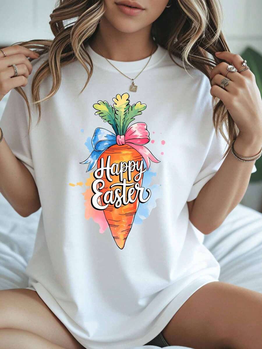 Women's Casual T-Shirt White Happy Easter Carrot With Bow Print Spring Festival Celebration Wear - 白色 - 查看 1
