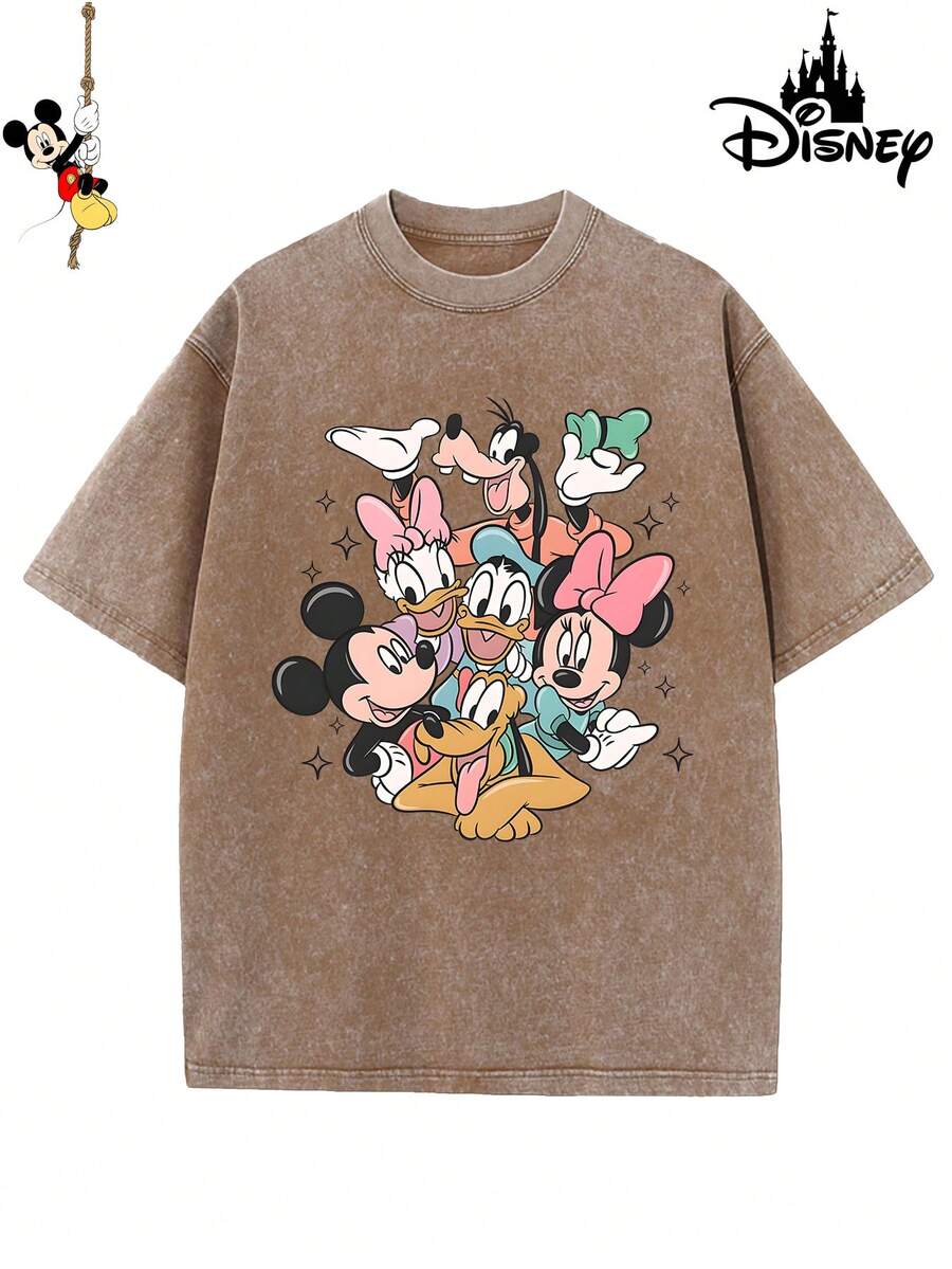 Disney Official Authorization | Retro Mickey Mouse T-Shirt-Heavy Washed Cotton Loose Street Style For Men And Women-Four Seasons Casual Wear-Genuine Authorization-Comfortable Fabrics-Cartoon Pattern Printing-High-Quality Short-Sleeved Tops-Fashion Design-Daily Wear. - 卡其色 - 查看 1