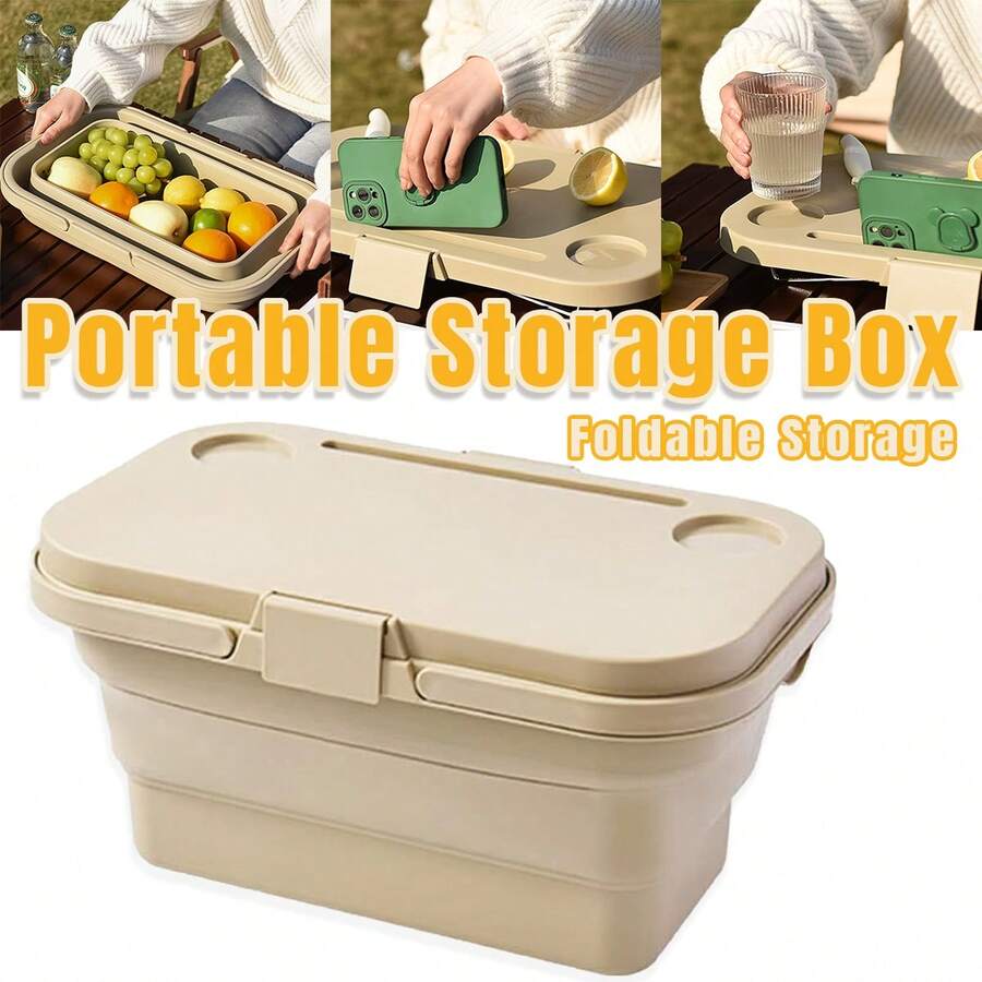 Aimall Outdoor Picnic Basket Camping Portable Handheld Storage Basket With Lid Foldable - Khaki - View 1
