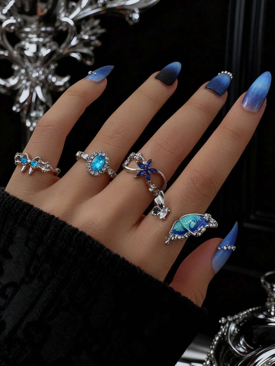 Set de 4 anillos abiertos con flor de cristal de imitación azul y lazo, anillos de niña dulce y fresca con mariposa de esmalte y gota de aceite azul - Plateado - Ver 1