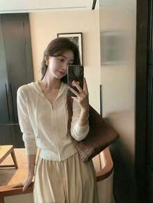 Spring/Summer New Loose Bamboo Knit Zip-Up Hooded Cardigan For Women, Casual Commuter Style Long Sleeve Sweater - White - View 6