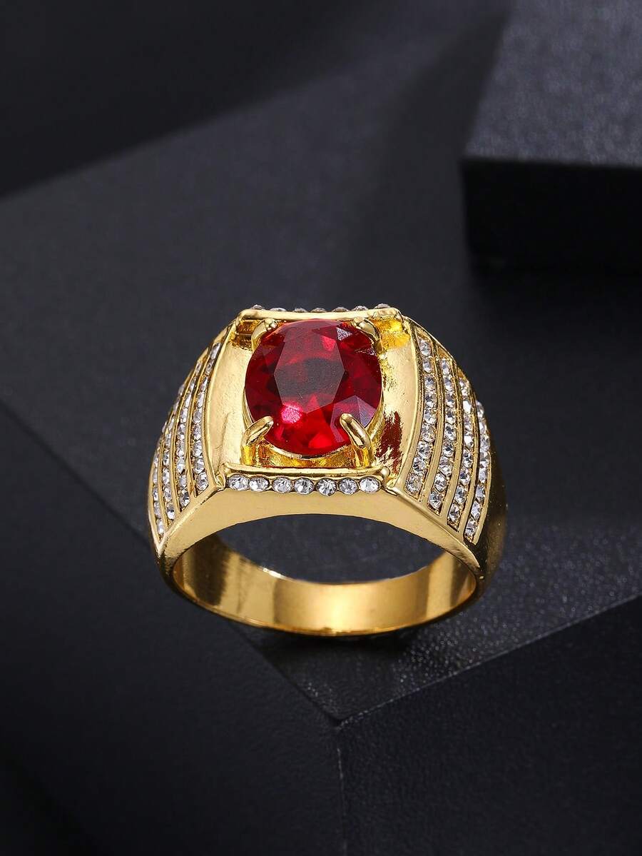 Anillo de boda de lujo para hombres con circonita roja incrustada, joyería de lujo de moda, propuesta de compromiso - Regalo del Día de San Valentín para él, celebración de fiesta - Rojo - Ver 1