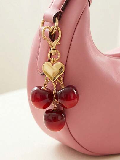 1个加大码树脂樱桃钥匙扣，配金色爱心和龙虾扣吊坠，可爱甜美的樱桃钥匙扣，闪亮樱桃吊坠装饰，适合女士时尚包包、汽车配件、包包挂饰，适用于手提包、背包、汽车钥匙 - 优雅女士节日礼物，背包装饰钥匙扣，适用于汽车钥匙、背包，红色个性化礼物，美观配饰，情人节礼物