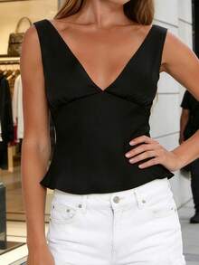 Womens Satin Tank Tops  Sleeveless Deep V Neck Solid Color Tops Slim Fit Shirts - 黑色 - 查看 2