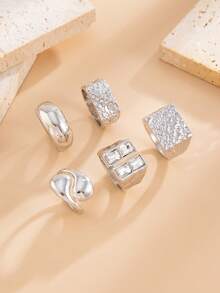 5pcs/Set Elegant Geometric Square Rhinestone Charm Metal Open Teardrop Ring Set, Luxurious Jewelry For Wedding, Party, Vacation, Daily Casual, Street Style, Women & Couples Gift - Ring - View 7