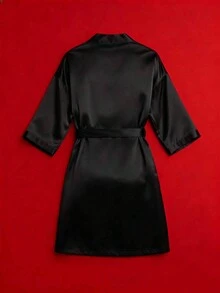 客製化女款粉色緞面晨袍，個性化新娘和服，婚禮伴娘晨袍，新娘晨袍禮物，單身派對 - 黑色 - 查看 3