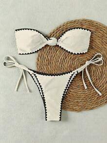 Conjunto de bikini con triángulo y ribete de onda bicolor, minimalista y de alta gama, adecuado para el Día de San Valentín, fiesta de piscina de primavera/verano - Beis - Ver 2