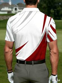 Men's Colorblock Geometric Lines Polo Shirt With Collar And Buttons, Suitable For Golf, Sports, And Casual Wear In Summer - Red and White - View 2