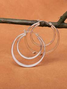 1 par de pendientes de aro redondo de doble capa para mujer, adecuados para uso diario - plata - Ver 2