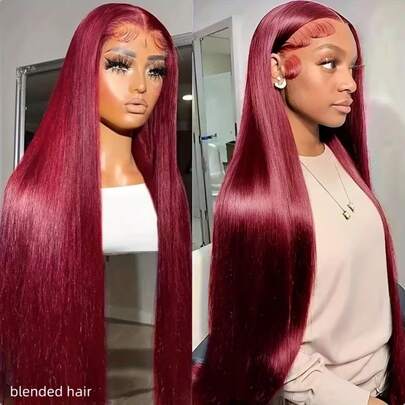 180%密度 8-36英寸 13x4蕾丝前额假发 真人混纺直发 99J酒红色 女士真人混纺假发 预先拔毛 带婴儿发 高清透明蕾丝前额假发 真人混纺巴西雷米发