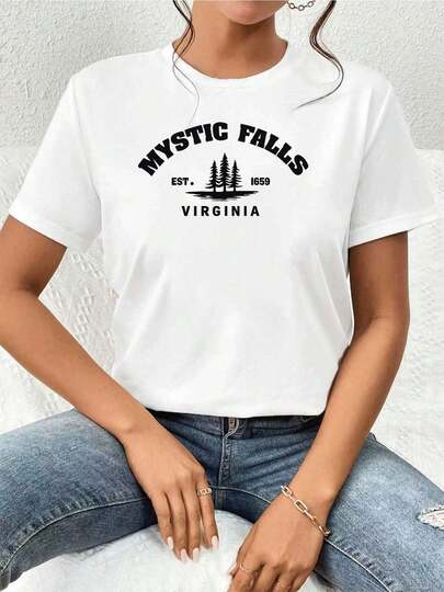 Koszulka z grafiką Mystic Falls Virginia z miękkiej bawełny, luźny krój, swobodny, oddychający, nowość