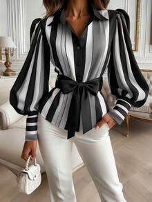 女士撞色条纹前开襟纽扣蝴蝶结腰部休闲衬衫 黑色 春季 - 黑色 - 查看 3