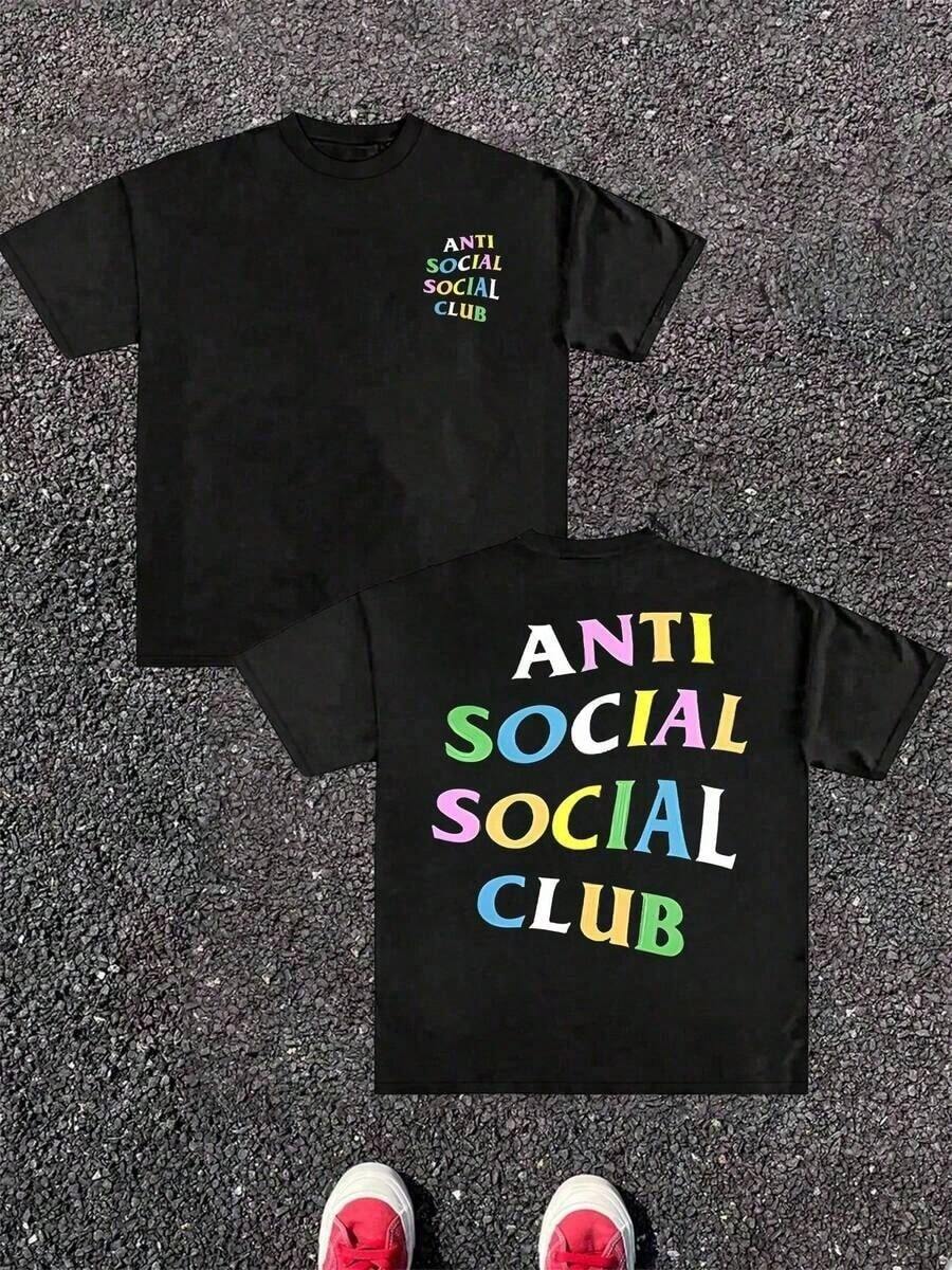 Anti Social Club Double Sided Digital Printed 220g Casual T Shirt 1pcs Men's Streetwear  Graphic Tee Relaxed Fit Tee For Urban Style Men Graphic T Shirt Plus Size Women Clothes Tshirts For Men Tshirts For Men Men Graphic T Shirt Plus Size Women Clothes - màu đen - Xem 1
