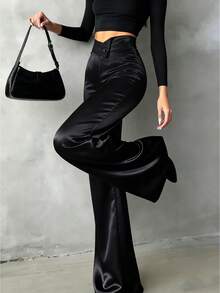 Pantalones rectos de satén de cintura alta para mujer, aptos para uso diario, oficina, traslados, hogar, citas, pequeñas fiestas y eventos sociales ligeros. Color: Negro. Temporada: Primavera - Negro - Ver 4