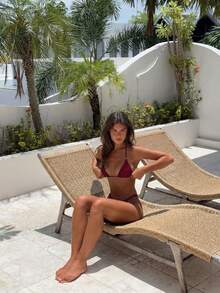 Women's Summer Holiday Wear Vintage Sweet Solid Color Spaghetti Strap Tie Side Bikini Set Casual Vacation Sexy Slim Fit Date Beach Wear Party Elegant Hot Girl Fashion Swimsuit Set - Burgundy - View 4