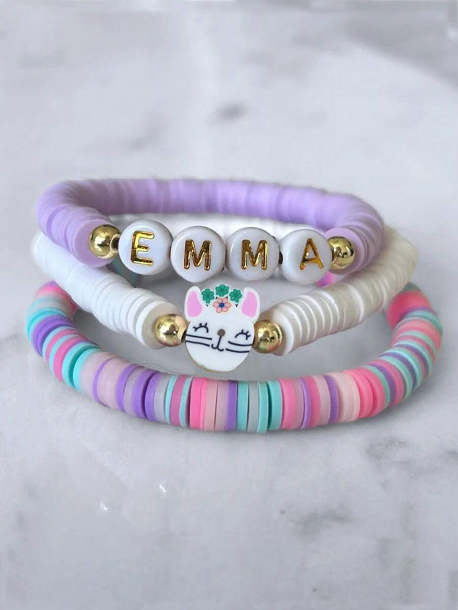 3件套个性化字母、心形、兔子造型软陶手链套装，适合派对、日常佩戴、复活节礼物、时尚配饰