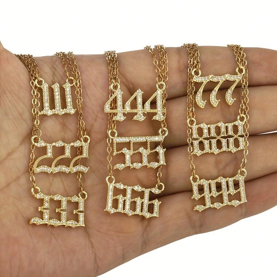 天使数字吊坠项链 111-999，配不锈钢链，立方氧化锆，数字铜质吊坠，可选数字 222、333、444、555、666、777、888，简约风格幸运吊坠