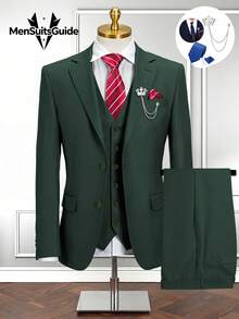 6pcs Men's Slim Fit Hunt Green Suits Tuxedos Double Breasted Multicolor Blazer Vest And Pants With Tie  Brooch And Pocket Square, Prom Suits For Men Wedding Grooms - 墨綠色 - 查看 1