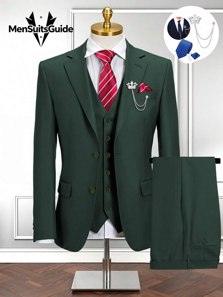 6pcs Men's Slim Fit Hunt Green Suits Tuxedos Double Breasted Multicolor Blazer Vest And Pants With Tie Brooch And Pocket Square, Prom Suits For Men Wedding Grooms - 墨綠色 - 查看 1