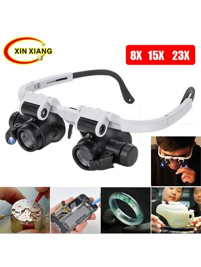 Lupa de doble lente con luces LED para gafas, 8x, 15x y 23x, para electrónica, reparación de relojes, lupa de montaje en la cabeza.