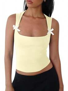 Women Y2k Bow Tank Top Sleeveless Scoop Neck Crop Tops Aesthetic Bow Cami Shirts Preppy Clothes Summer Going Out - 黑色 - 查看 8