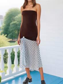 Women Strapless Midi Dress Slim Off Shoulder Sleeveless Dot Print Patchwork Ruffled Hem Dresses For Daily Party Club - 深棕色 - 查看 6