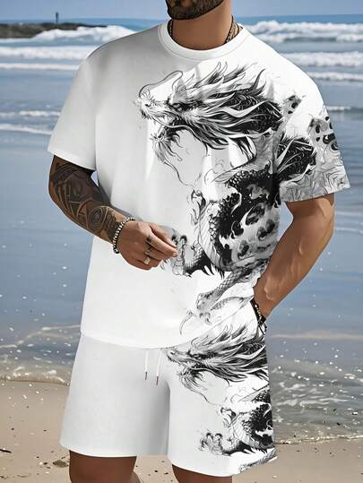 [3D Printed | Breathable] 3D Printed | Breathable Polyester Black & White Dragon Pattern Short Sleeve T-Shirt And Shorts Summer Street Outfit Set