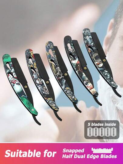 univinlions 1Razor+5Blades Black SUS Ghost Shaving Knife Dual Edge Blade Razor Foldable Shaver Hair Removal Beard Face Beauty Body Eyebrow Bikini