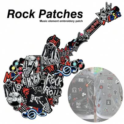 Show Your Rock Spirit! 9 Pcs Cool Music Theme Embroidered Iron-On Patches - Guitar & Symbol Designs For Denim, Tees, Caps, Backpacks, Easy DIY Deco