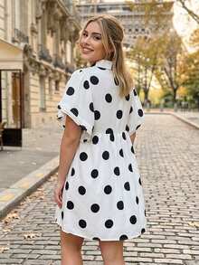 Women Polka Dot Ruffle Sleeve Collared Mini Dress Button Down V Neck Ruched Babydoll Sundress Going Out Short Dresses - 白色 - 查看 2
