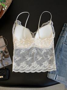 甜辣蕾丝V领网纱镂空加厚吊带背心，修身Atmosphere吊带衫，休闲夏季款 - 杏色 - 查看 7