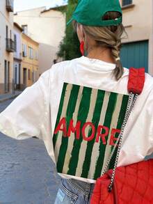 夏季新款时尚条纹英文字母印花休闲圆领白色短袖T恤，时尚百搭女士日常穿搭 - 白色 - 查看 1