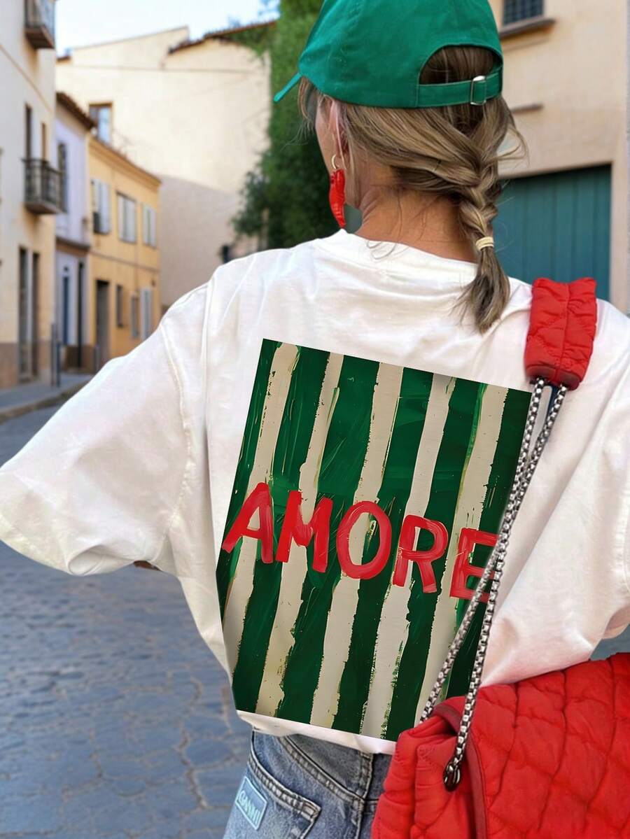 夏季新款时尚条纹英文字母印花休闲圆领白色短袖T恤，时尚百搭女士日常穿搭 - 白色 - 查看 1