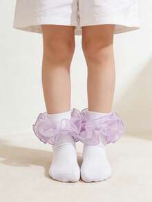 1 Pair Children/Toddler Solid Color Ruffle Trim Mid-Calf Socks, Versatile For School Uniform - Mauve Purple - View 4