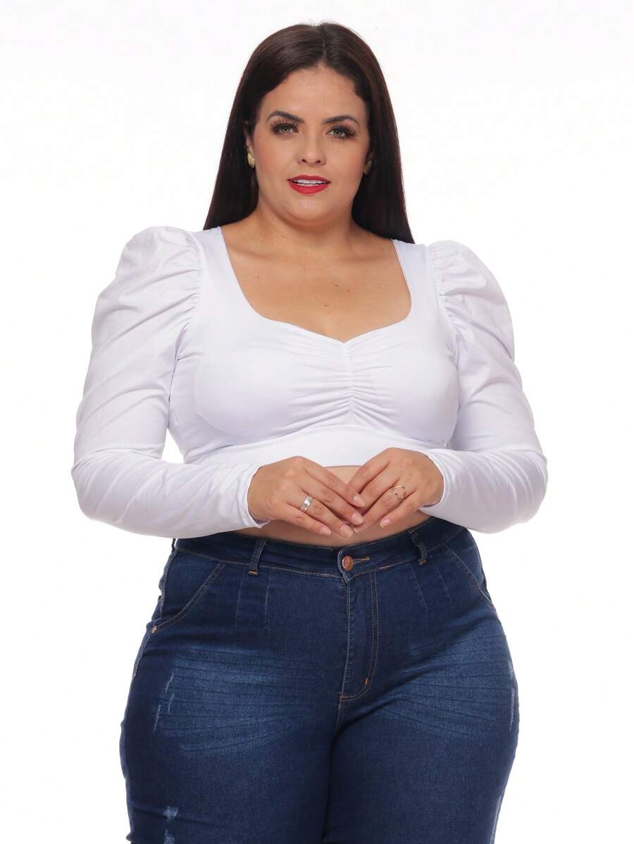Plus Size Style Cropped Long Sleeve Off-The-Shoulder Blouse - Blanco - Ver 1
