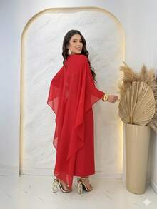 Strapless Midi Dress With Cape - Red - View 2