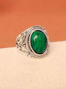 1pc Fashionable Green Series Ring, Oval Shaped Men's Ring, Couple Rings - Green - View 2