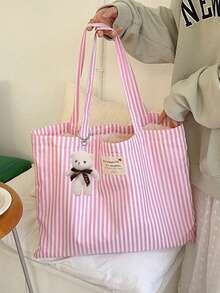 复古条纹帆布手提包，女士大容量条纹帆布手提包 - 时尚单肩包，适合旅行和购物，亮丽的红白条纹，容量大，用途广泛，可手洗 - 无扣，日常手提包，休闲日常手提包 - 彩色 - 查看 7