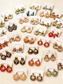 28件套304不锈钢耳环套装 - 蝴蝶、草莓、贝壳、花朵、心形、星星、叶子、珠子、蝴蝶结、小鸟、花卉、几何图案、粉彩色系（粉色、紫色、绿色，适合青少年，可爱耳环）（随机发货） - 彩色 - 查看 4