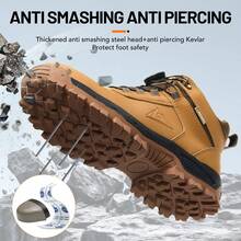 Men's Safety Shoes, Lightweight And Breathable Anti-Shatter Work Shoes, Low-Top Steel-Toe Shoes, Yellow Color, Puncture-Resistant Safety Boots, With Super Flexible Upper, Rotating Button Design For Easy On And Off, Construction Work Protection Shoes, Suitable For All Seasons - gừng - Xem 3
