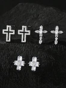 1 paire de boucles d'oreilles vintage pour hommes en cuivre avec croix micro-incrustée de zircone, hypoallergénique, design religieux de Jésus, convient pour un port quotidien, cadeau de Noël, Nouvel An, Saint-Valentin - Argent - Voir 14