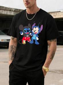 Men's Disney Casual T-Shirt, Mickey & Stitch Swap Outfits Print, Playful Design, Comfortable Soft Fabric, Ideal For Disney Fans - Black - View 1