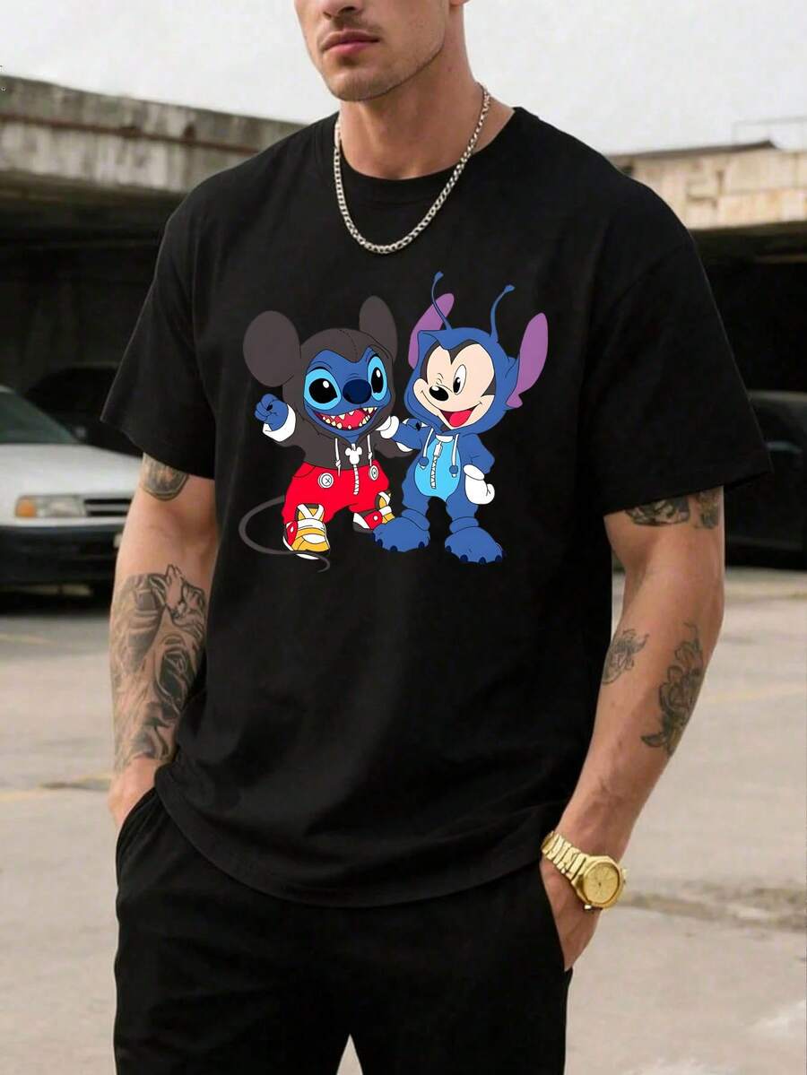 Men's Disney Casual T-Shirt, Mickey & Stitch Swap Outfits Print, Playful Design, Comfortable Soft Fabric, Ideal For Disney Fans - Black - View 1
