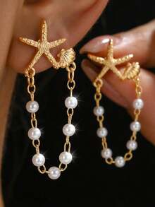 1 Pair Creative Fashion Fresh Versatile Elegant Starfish & Seashell Faux Pearl Tassel Earrings For Women - Gold - View 2