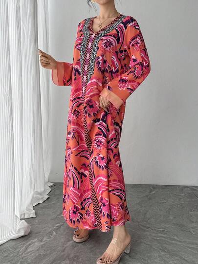 1 chiếc đầm nữ cổ chữ V tay dài họa tiết hoa nhí, đầm hoa đỏ thanh lịch, đầm nữ mới về, thích hợp cho các bữa tiệc, dạ hội, ngày lễ, Ngày của Mẹ và các dịp khác.