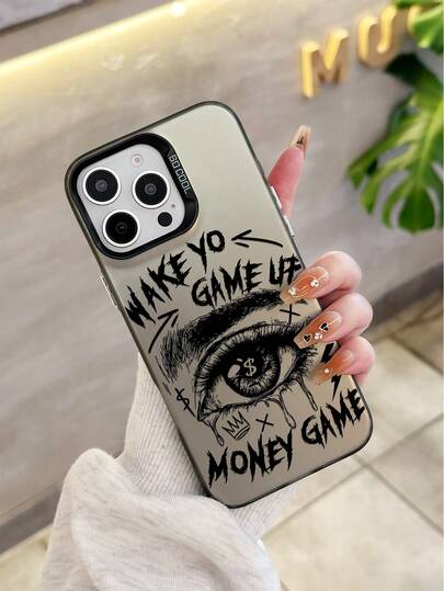嘻哈风格哑光防震手机壳，饰有眼睛图案、流动美元符号、闪电皇冠元素和个性化标语，街头文化配件，兼容 11、12、13、14、15、16 Pro Max、X、XS、XR、16e、15 Plus
