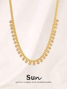 1件装不锈钢闪亮水钻圆形流苏吊坠项链，女士时尚锁骨链项链，珠宝礼品 - 項鍊 - 查看 2