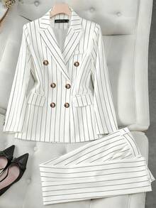 HOMEYEE Striped Suit Set, Double-Breasted Casual Business Suit Jacket And Slim Fit Pants, Versatile Style Suitable For Various Occasions, Business And Vacation - 白色 - 查看 11
