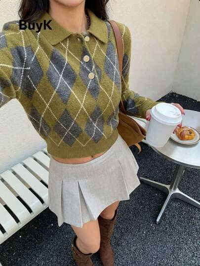 BuyK [Top] Contrast Color Cropped Sweater, Y2K Collegiate Knit Top, Vintage Sleeveless Cropped Pullover, Vintage Pattern Cropped Top