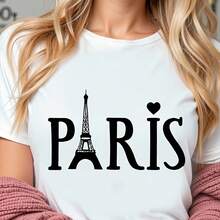 Paris Eiffel Tower Heart Graphic Black T - Shirt For Women, Long Wavy Blonde Hair, Delicate Necklace, Casual Crew Neck Summer Breathable Cotton T - Shirt, Perfect For Paris - Themed Enthusiasts And Fashion LoversValentine Gift, Valentine Days,Going Out Tops,Vintage,Summer Outfits For Women,T-Shirt - trắng - Xem 7